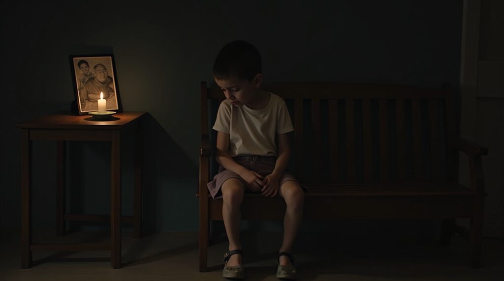 A sad boy sitting alone with a candle-lit photo of his late sister and grandmother, looking as if he has forgotten how to smile.