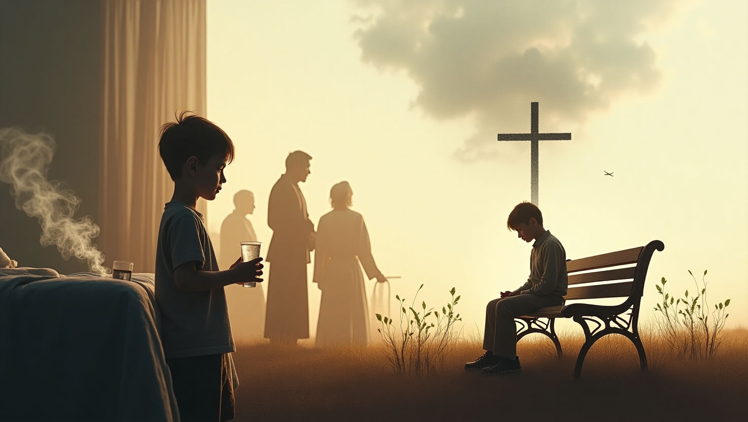 In the poem Learning Grief by kaiser haq an 8-year-old boy beside his grandmother’s bed with incense smoke, and the same boy at 10 alone on a school bench under a crucifix. A translucent clock hovers between them, while green shoots sprout in rain, symbolizing hope. Warm, melancholic tones with soft light.