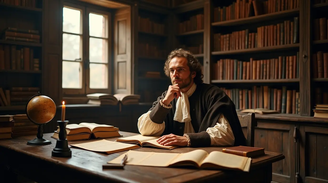 A 17th-century scholar studying at his desk surrounded by books and candlelight, symbolizing wisdom and knowledge.